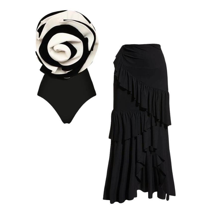 Exaggerated 3D Flower One Piece Swimsuit and Skirt Flaxmaker