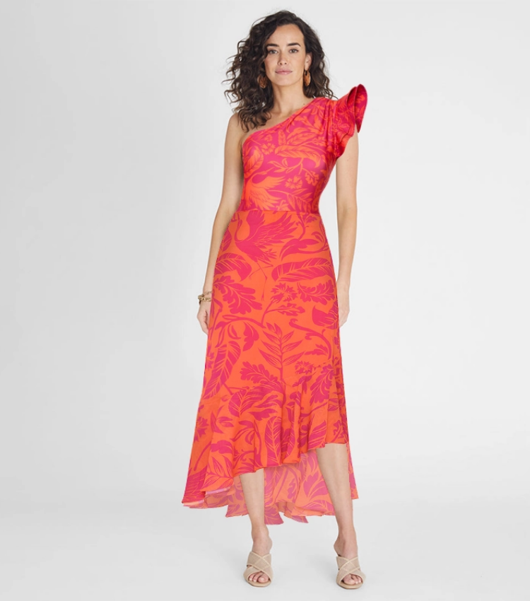 Ruffle One Shoulder Printed One Piece Swimsuit and Skirt Flaxmaker