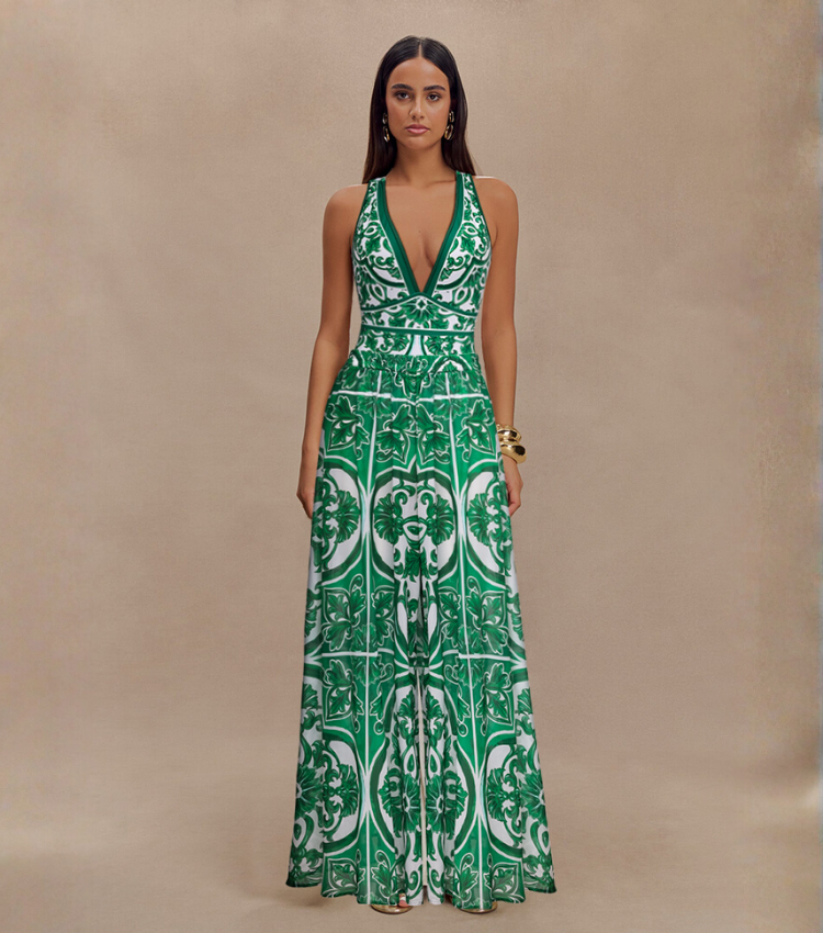 V Neck Classic Majolica Series Pattern Print One Piece Swimsuit and Pants or Skirt