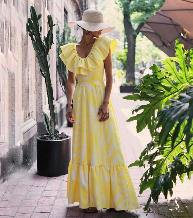 V Neck Ruffle Striped Print One Piece Swimsuit and Skirt