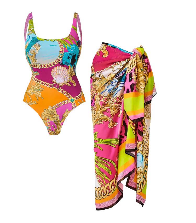 Round Neck Shell Print One Piece Swimsuit and Sarong or Skirt