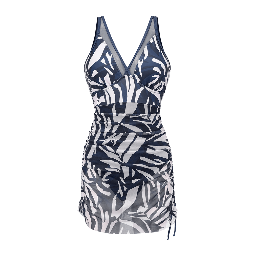 Tummy Control Slimming Mesh Sheer Sarong Wraps Bathing Suit Swim Dress