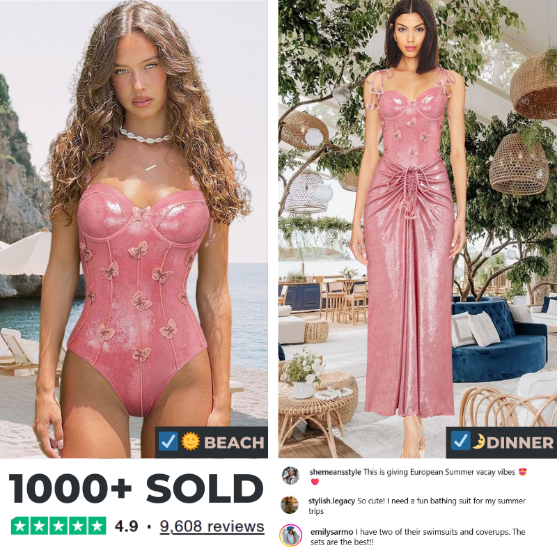 Pink Shiny Embroidered Butterfly One Piece Swimsuit and Split Skirt