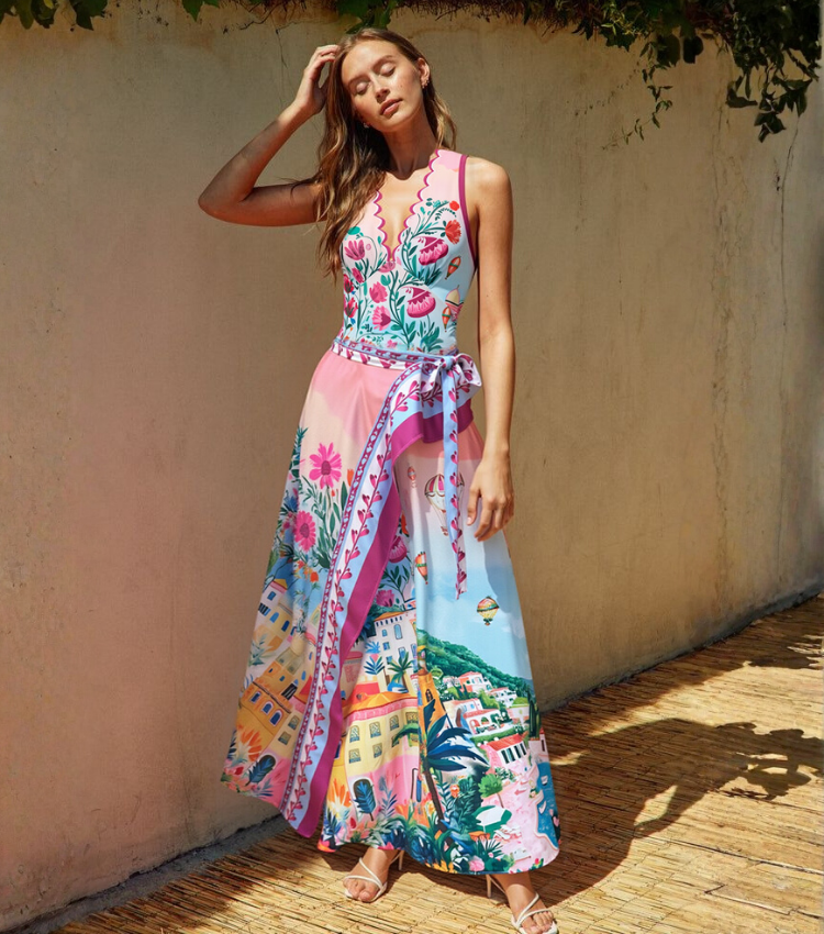 Scallop Cut Neck One Piece Swimsuit and Skirt