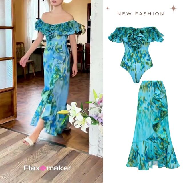 Removable Shoulder Strap Off Shoulder Ruffle Abstract Pattern Print One piece Swimsuit and Skirt