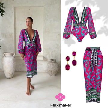Long-sleeved Peacock Totem Print One Piece Swimsuit and Sarong Flaxmaker