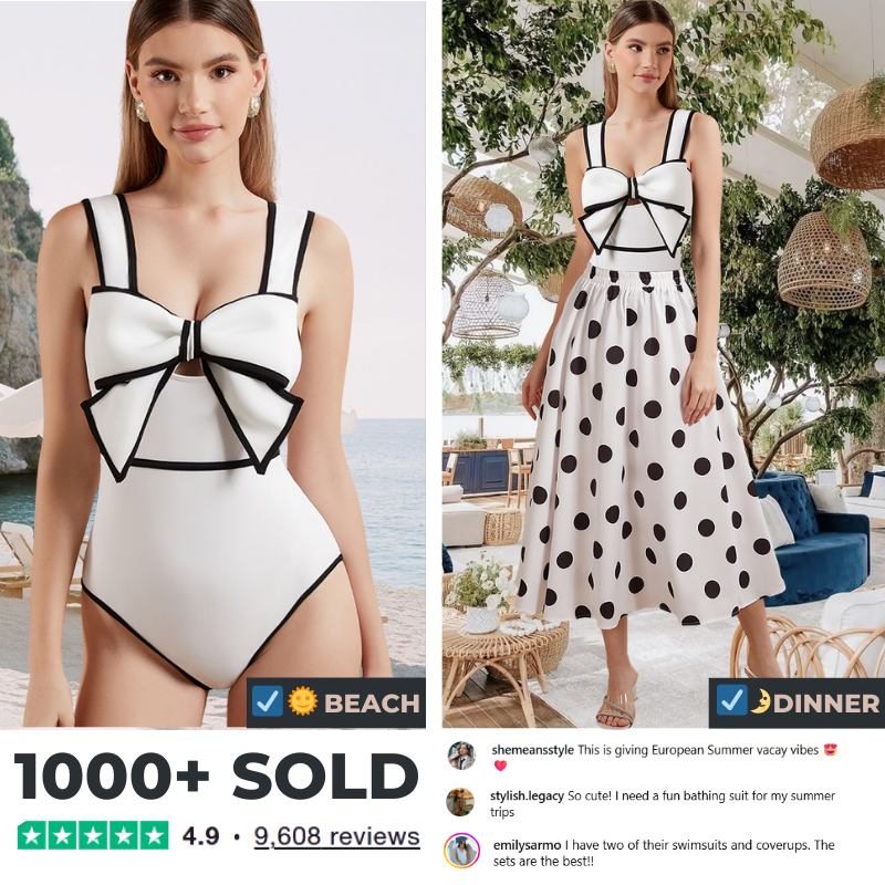 Bow Front Cutout Black and White One Piece Swimsuit and Skirt Flaxmaker