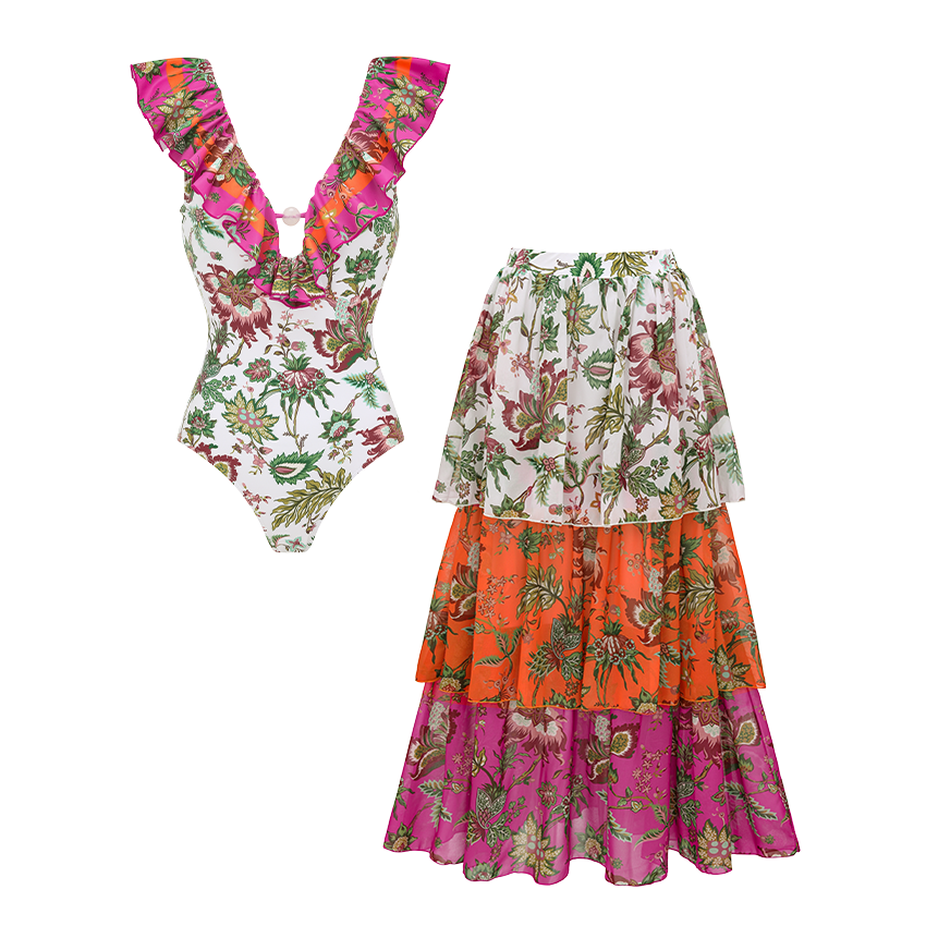 Ruffle Cutout Printed Swimsuit Set(s)