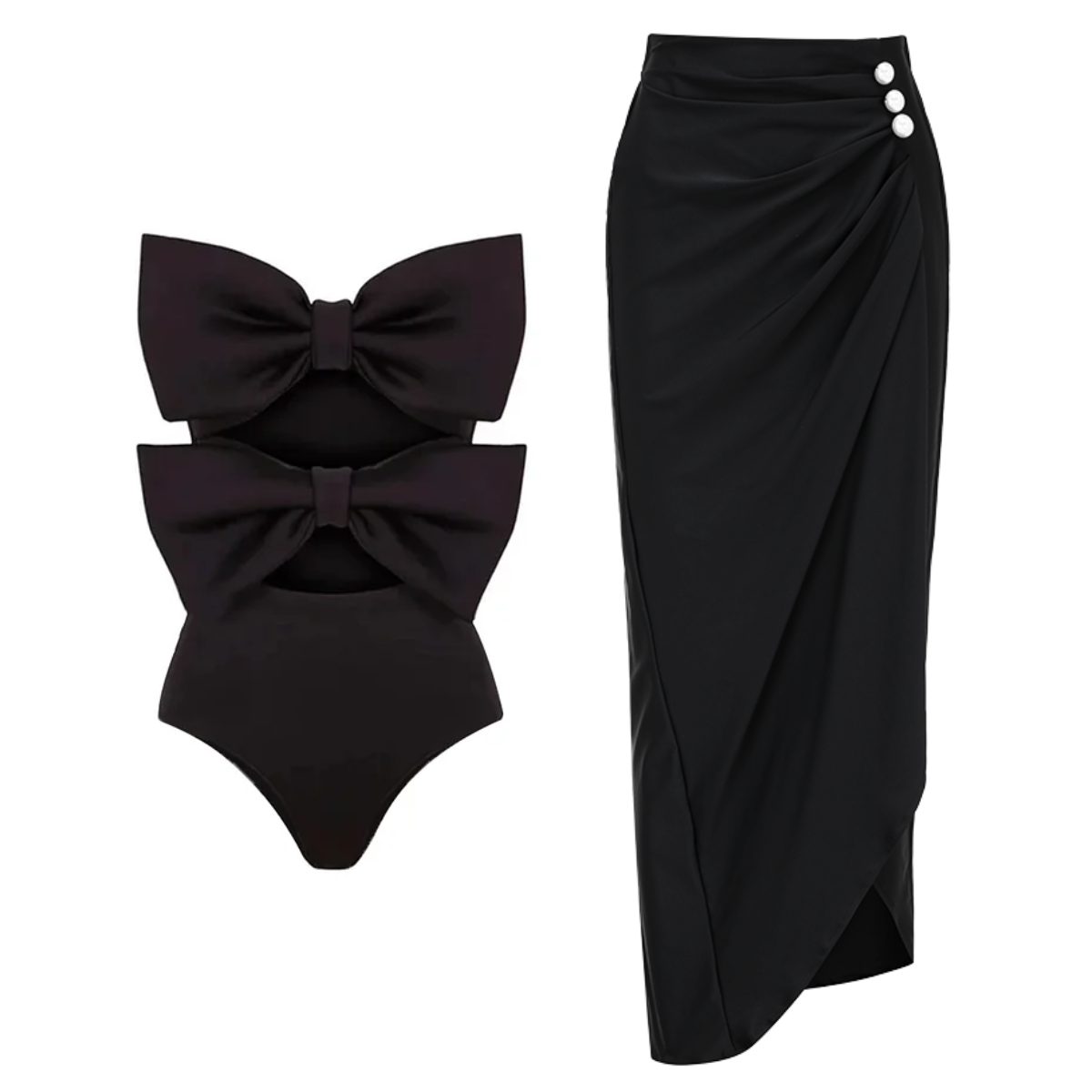 Bandeau Cutout Black One Piece Swimsuit and Skirt Flaxmaker