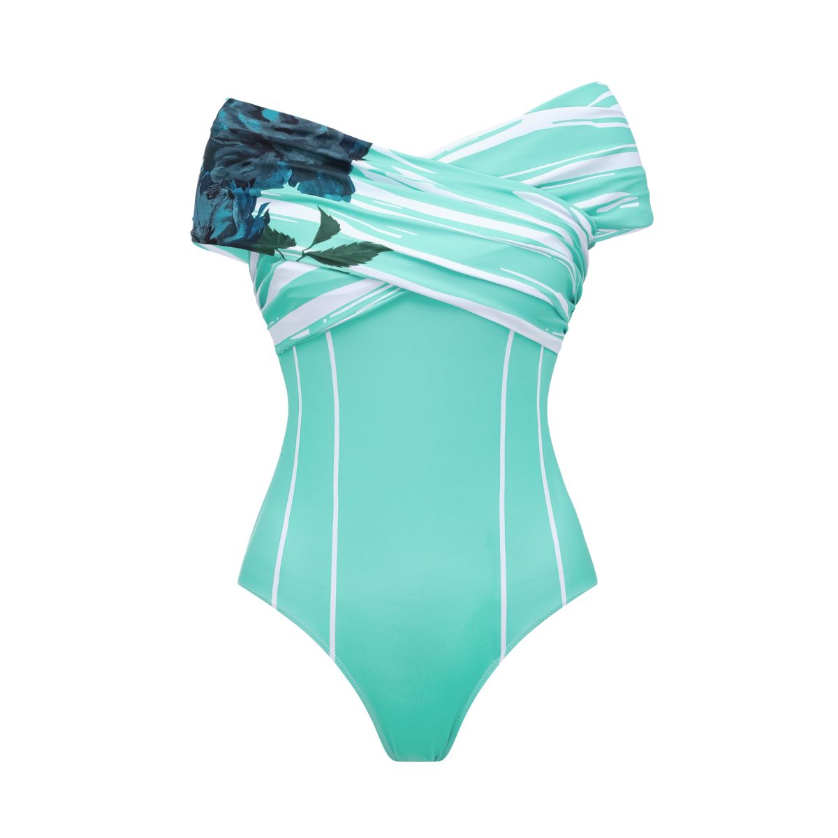 Off Shoulder Blossom Print One Piece Swimsuit and Skirt