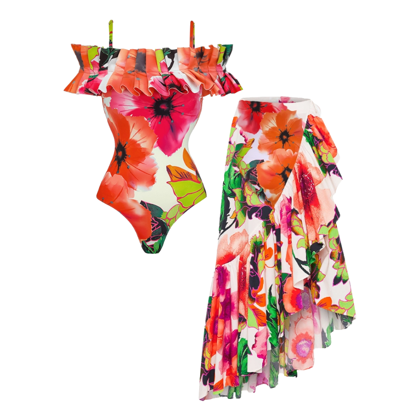 Off Shoulder Ruffled Printed One Piece Swimsuit and Skirt Flaxmaker