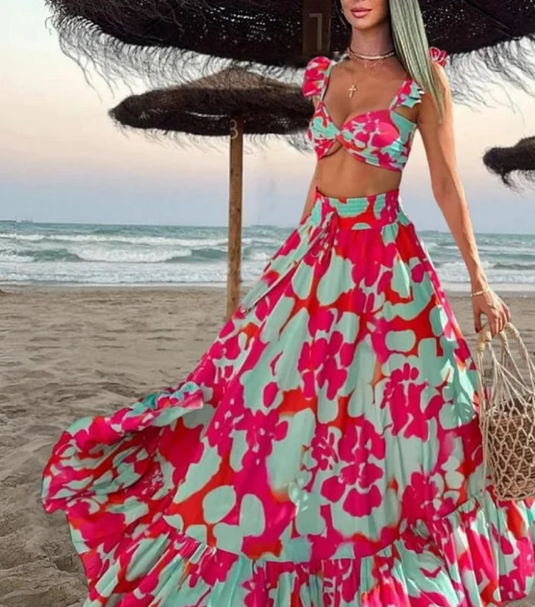 Printed Ruffled Starp High Waist Bikini Swimsuit and Skirt Flaxmaker