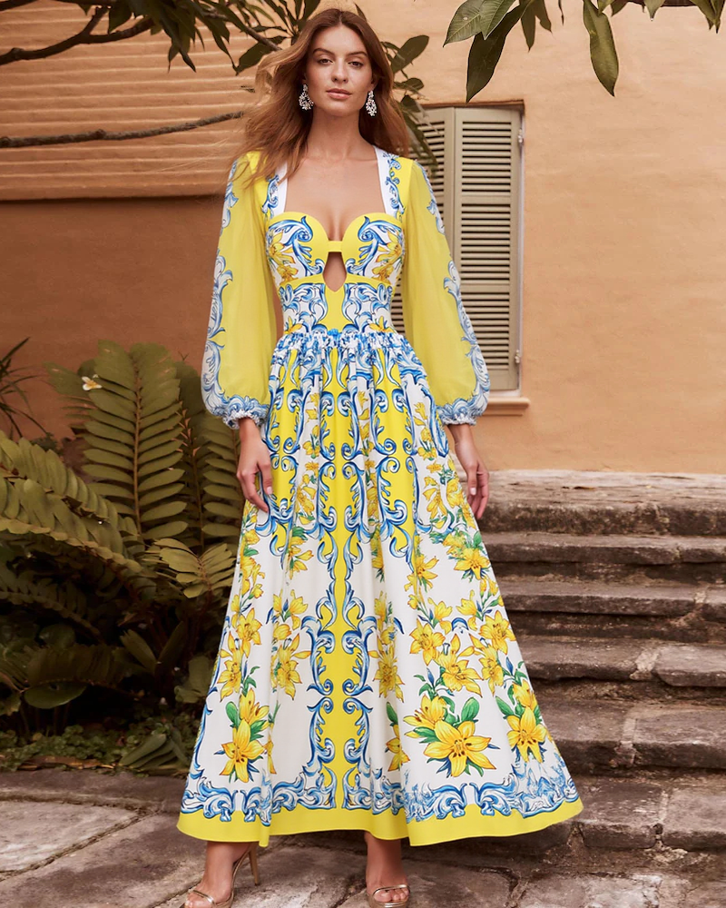 Printed Sicily Long Sleeved One Piece Swimsuit and Skirt