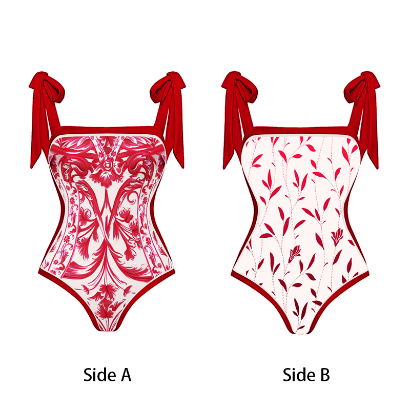 Reversible Tie-shoulder Baroco Style Printed One Piece Swimsuit and Skirt Flaxmaker