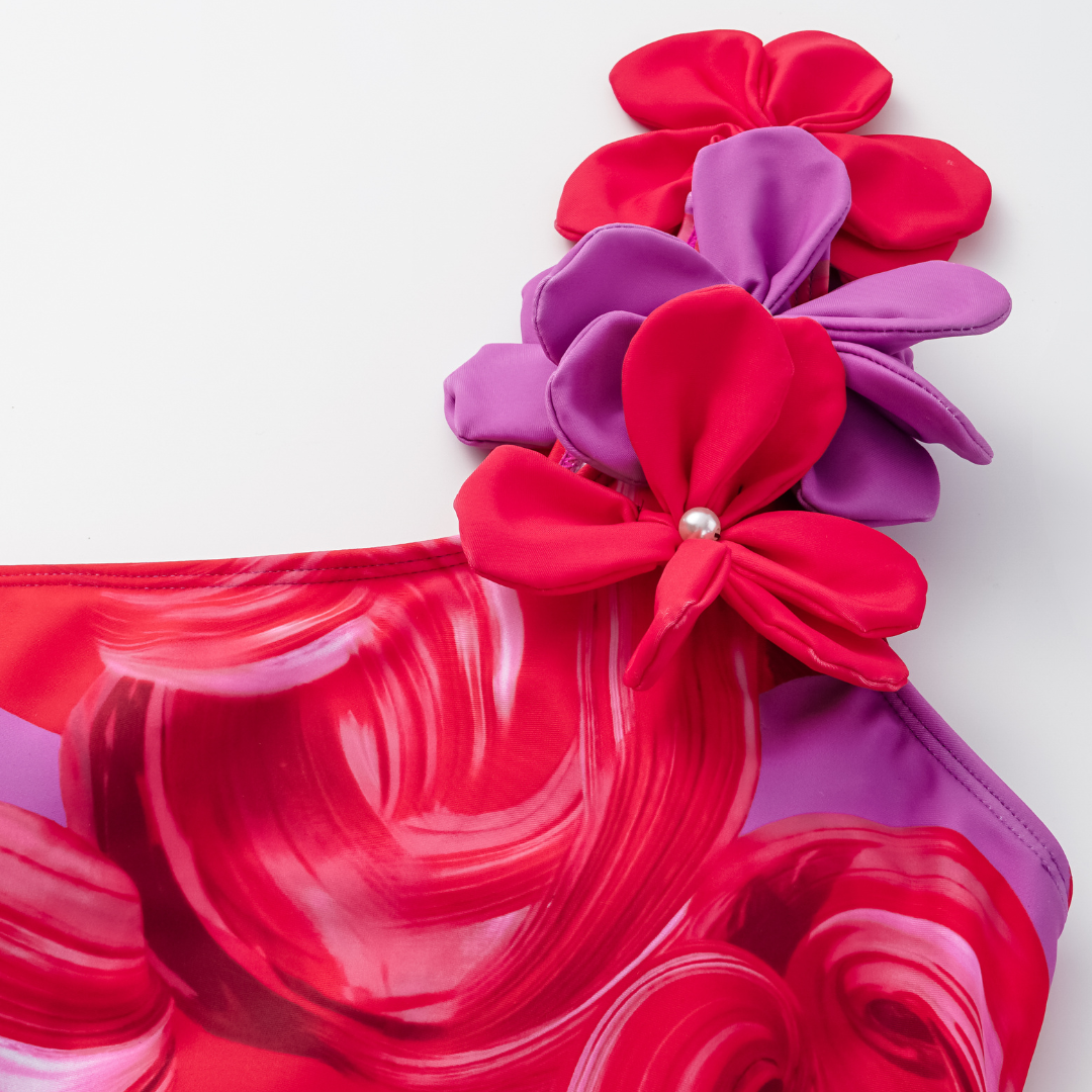 One Shoulder 3D Flower Decor Printed One Piece Swimsuit and Skirt