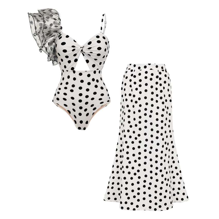 One Shoulder Ruffle Dot Printed Cut Out One Piece Swimsuit and Skirt Flaxmaker
