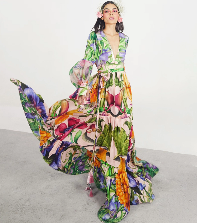 V-neck Long Sleeve Flowers Printed One Piece Swimsuit and Skirt Flaxmaker