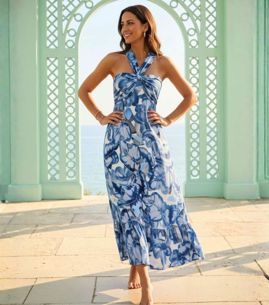 [Copy]Navy Floral Wrap Midi Dress