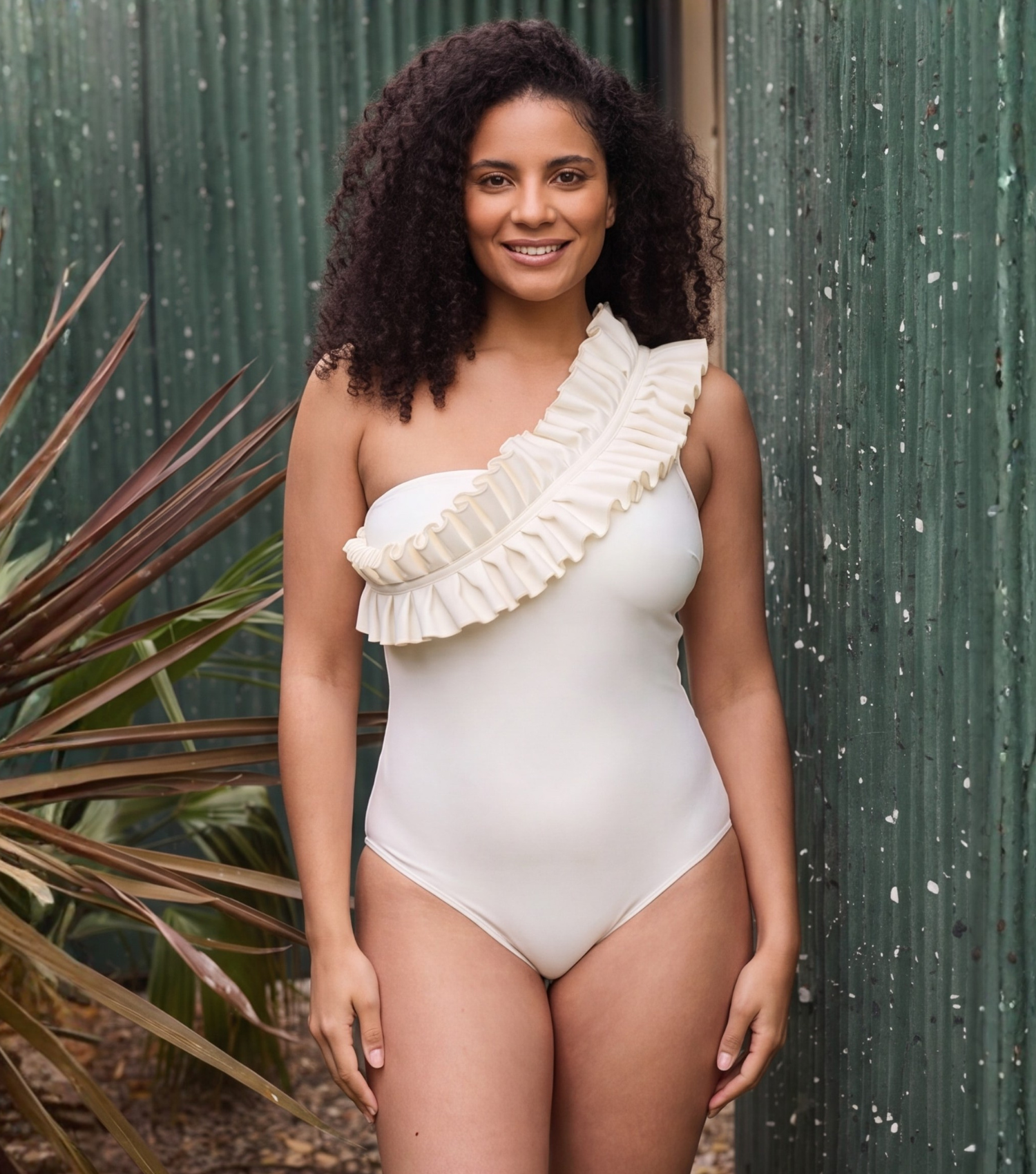 Plus Size One Shoulder Ruffle White One Piece Swimsuit and Skirt Flaxmaker