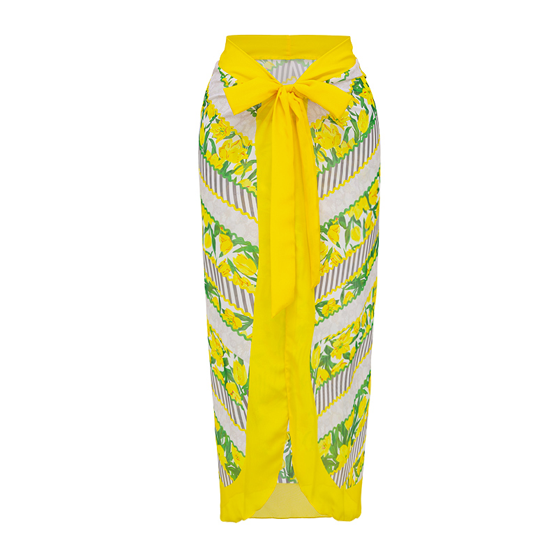 Tie Shoulder Lace Up Splicing Printed High Waist Bikini Swimsuit and Skirt