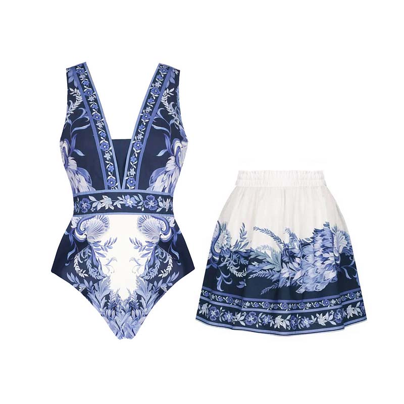 Blue and White Porcelain Print V Neck One Piece Swimsuit and Skirt