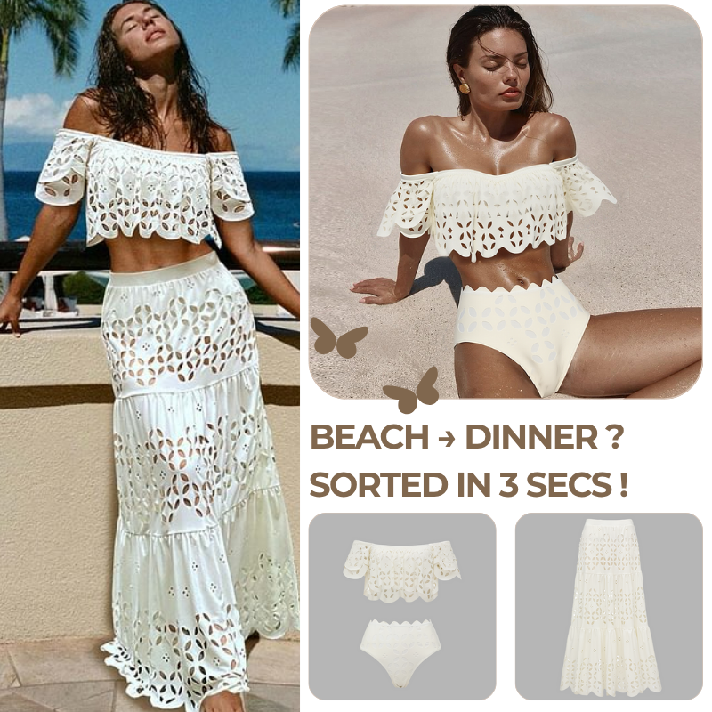 White Laser Hollowing Bikini Swimsuit and Skirt