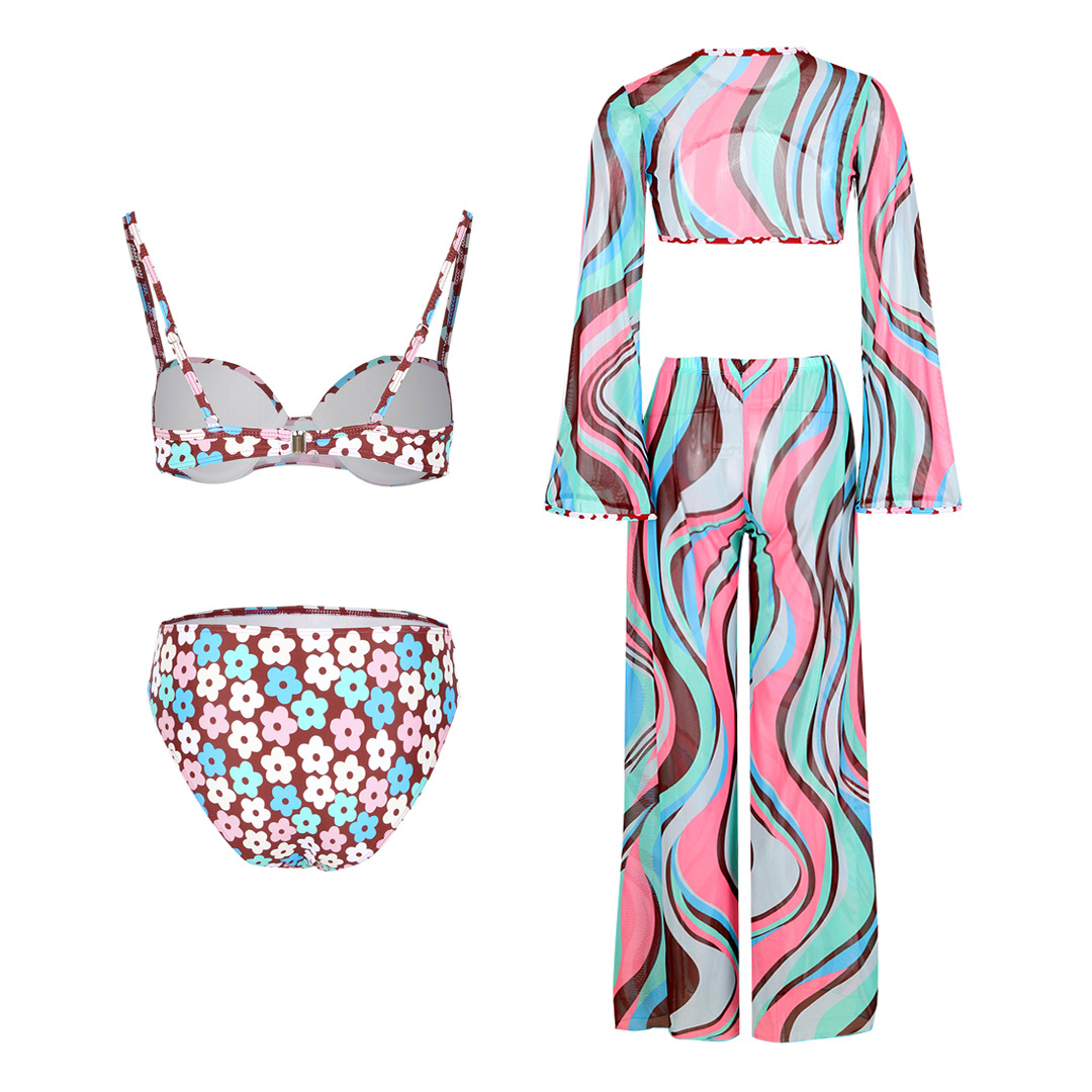 Long Sleeve  Floral Print Bikini Swimsuit and Pants