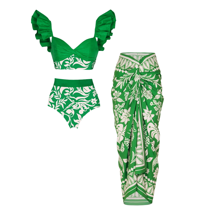 Ruffle Green Bikini Swimsuit and Sarong Flaxmaker