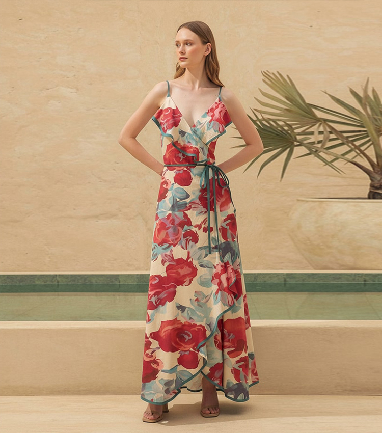 Printed Camisole Asymmetric Maxi Dress