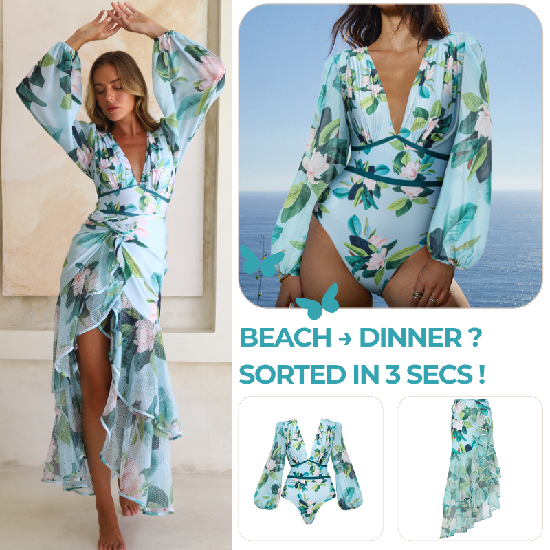 Long-sleeved Mangnolia Print One Piece Swimsuit and Skirt