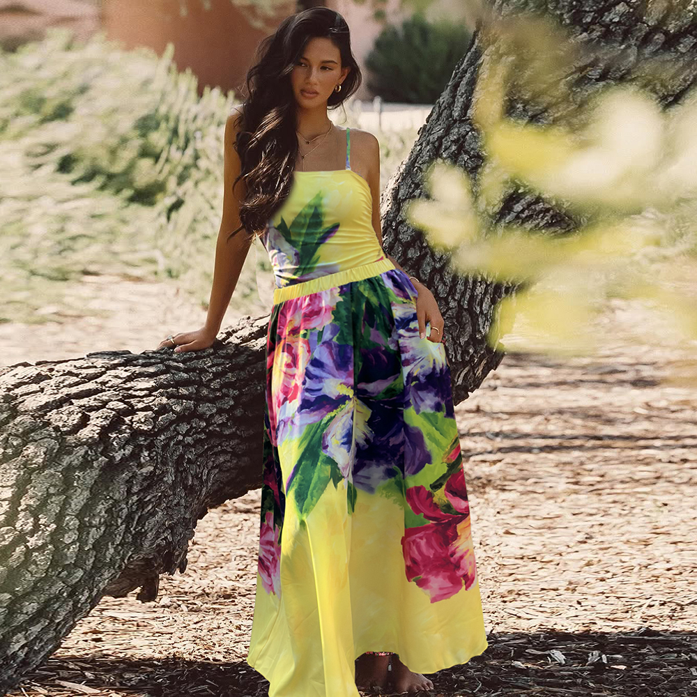 Yellow Oil Painting Flower Print Swimsuit and Sarong