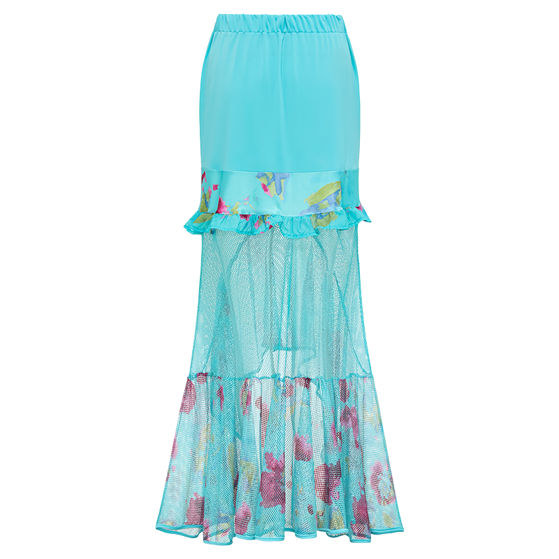 Bow Decor Blue and Pink One Piece Swimsuit and Skirt