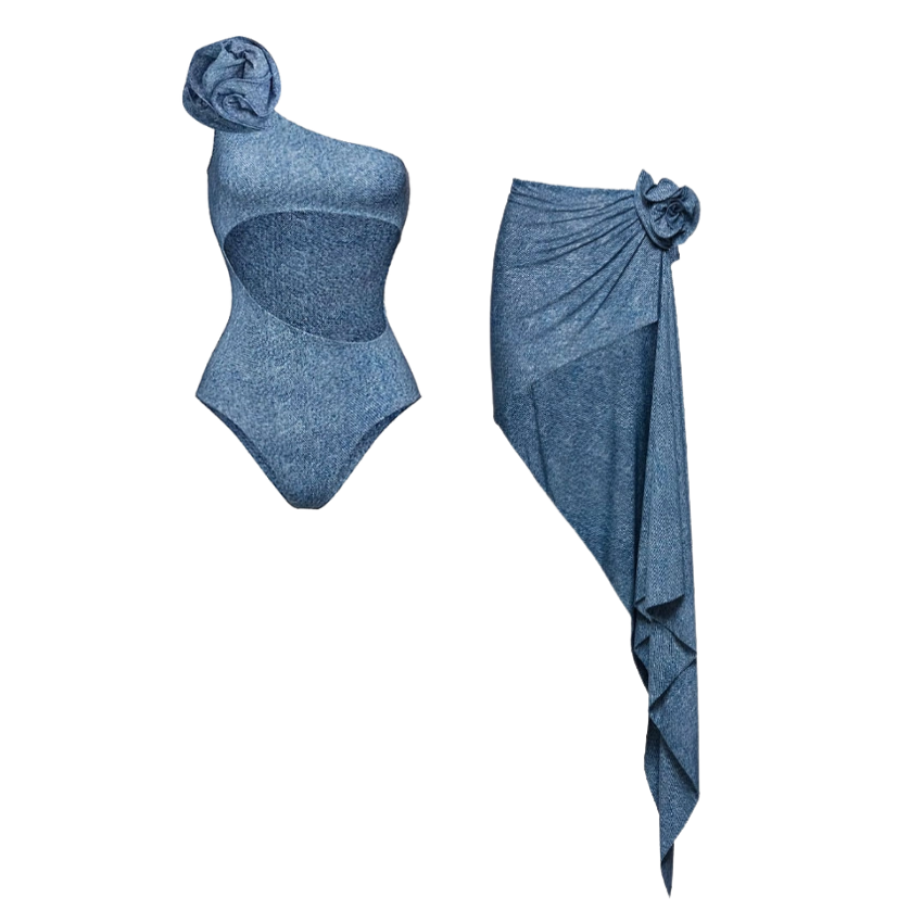 One Shoulder Cutout Denim Printed One Piece Swimsuit and Skirt Flaxmaker