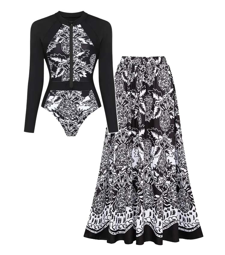 Color Block Printed Long Sleeve One Piece Surf Swimsuit and Skirt