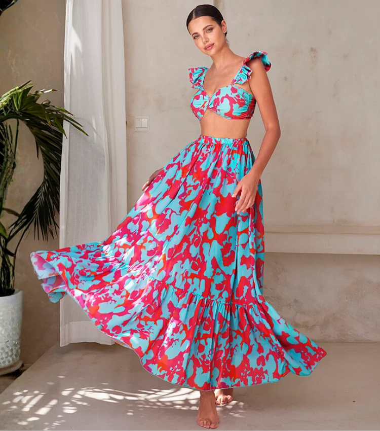 Printed Ruffled Starp High Waist Bikini Swimsuit and Skirt Flaxmaker