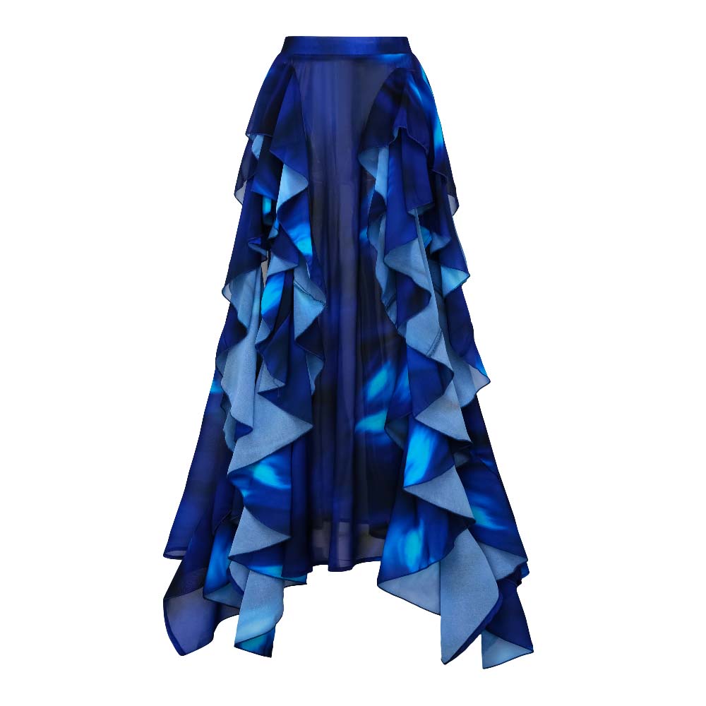 Blue Blooming Ruffle One Piece Swimsuit and Skirt