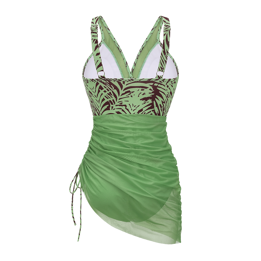 Plus Size V Neck Leaves Print Tummy Control Slimming Mesh Sheer Sarong Wraps Bathing Suit Swim Dress