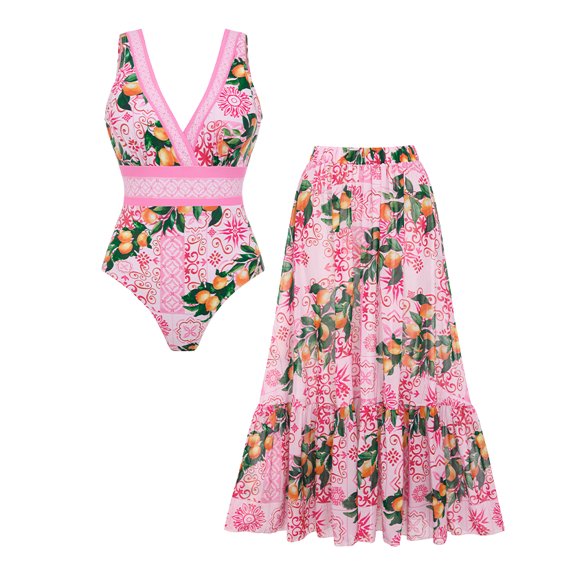 V Neck Lemon Print Swimsuit Set(s)