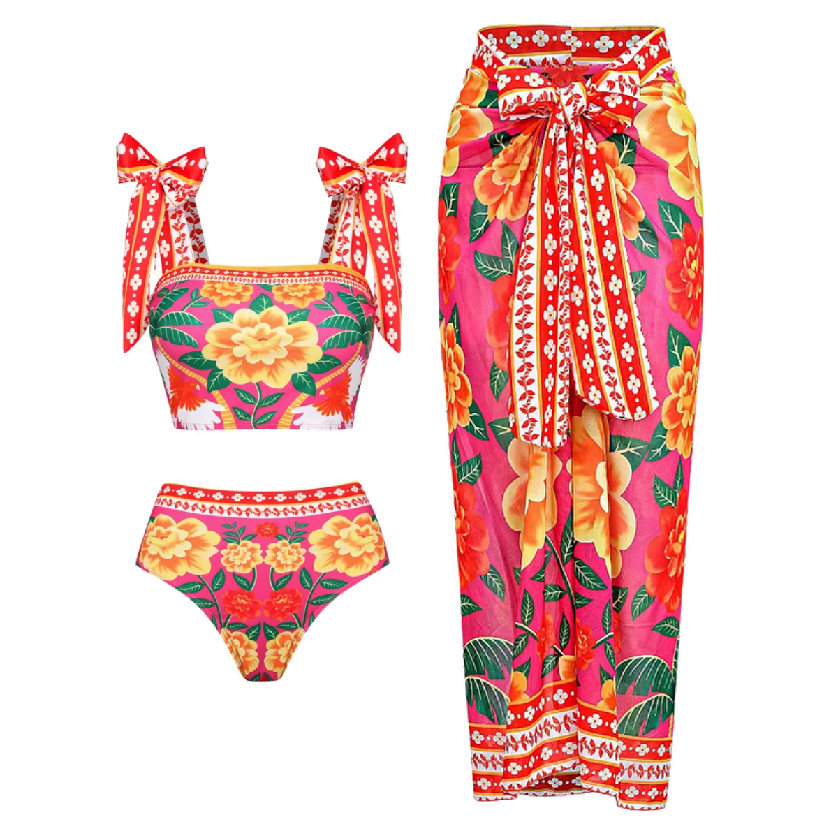 Tie-shoulder Flower Print Bikini Swimsuit and Skirt Flaxmaker