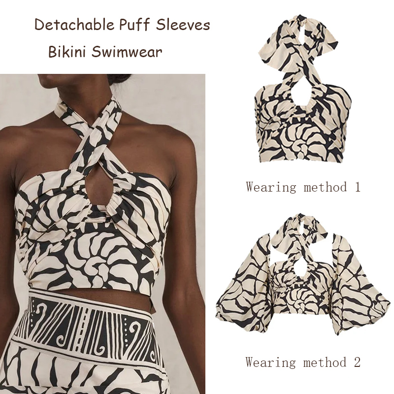 Detachable Puff Sleeves Printed High Waist Bikini Swimsuit and Skirt Flaxmaker