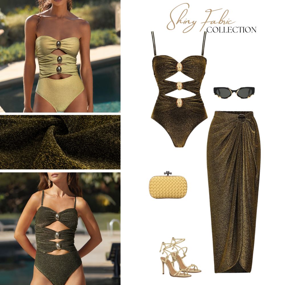 Gold Glitter Cutout Fabric One Piece Swimsuit and Skirt