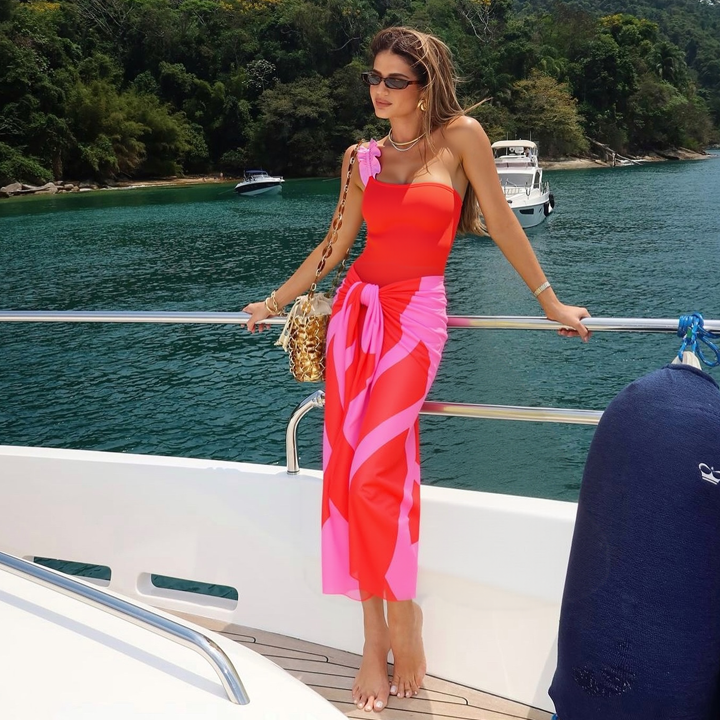 One Shoulder Color Block One Piece Swimsuit and Sarong