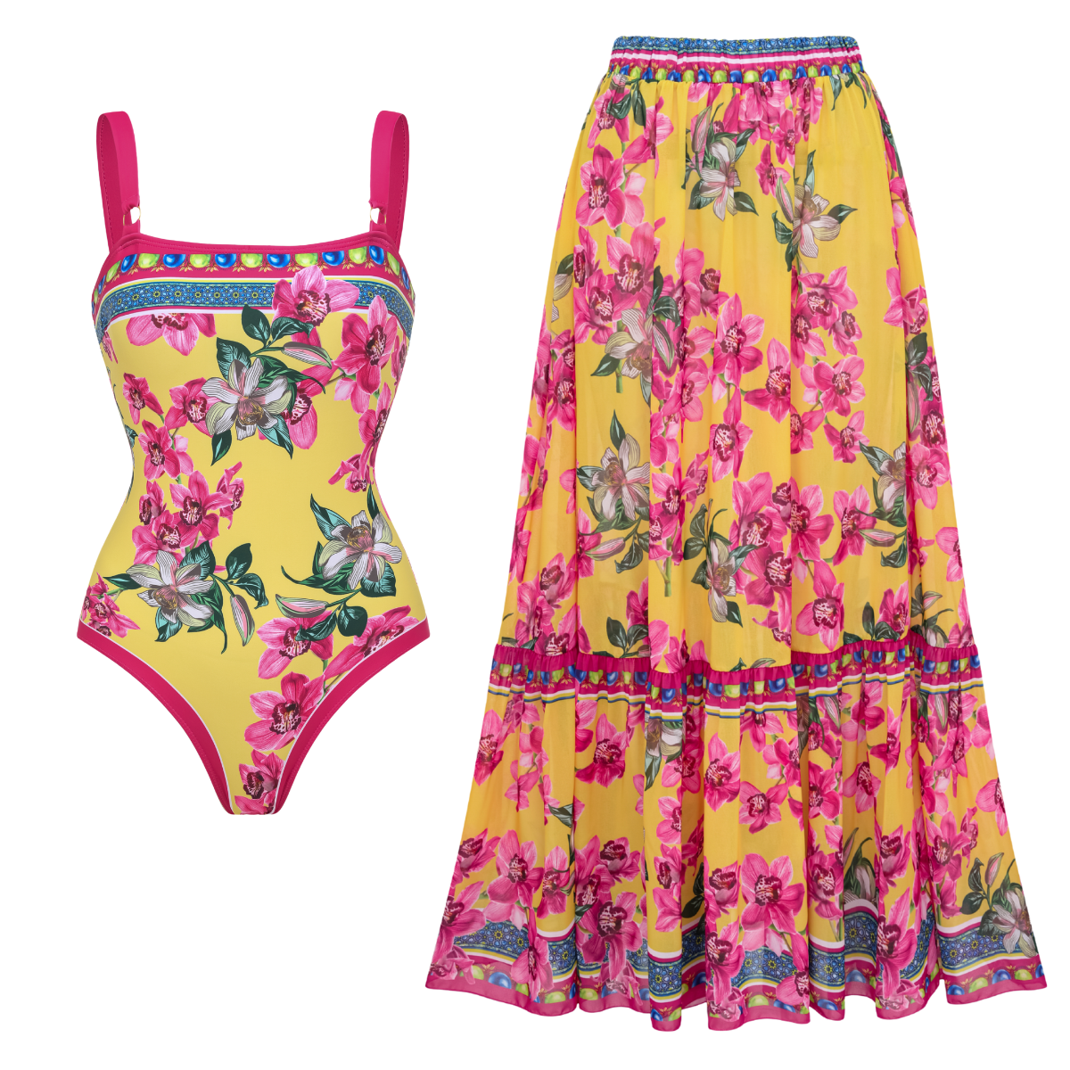 Orchid Print One Piece Swimsuit and Sarong