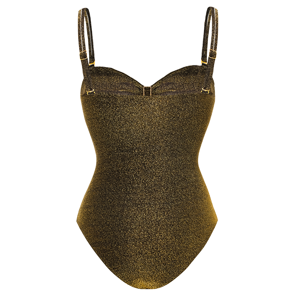 Gold Glitter Cutout Fabric One Piece Swimsuit and Skirt