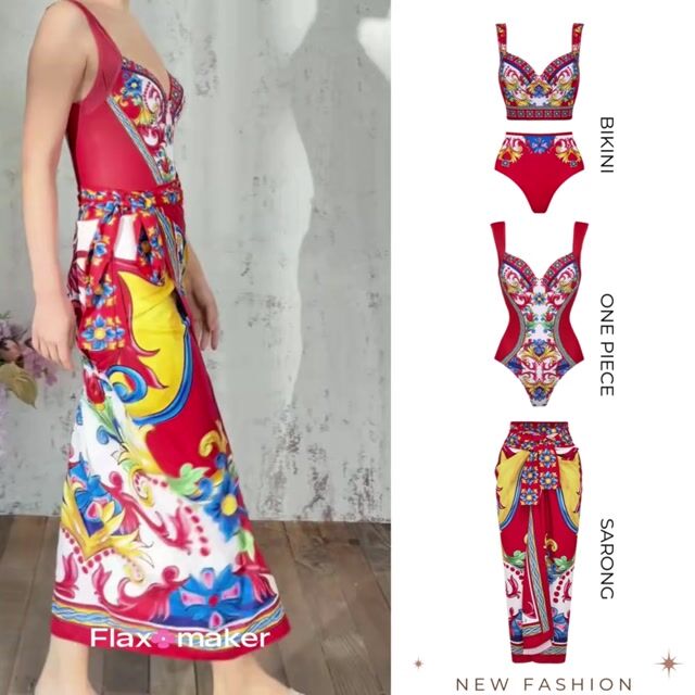 Sling Pattern Print One piece Swimsuit and Skirt