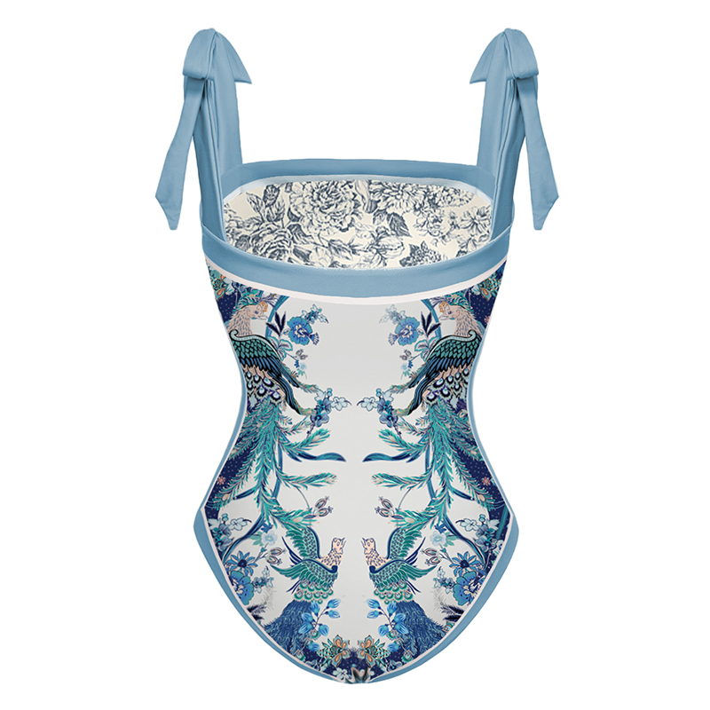 Flaxmaker Blue Reversible Bowknot Tie-shoulder One Piece Swimsuits and Sarong