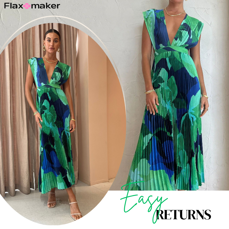 Pleated V Neck Color Block Printed Dress