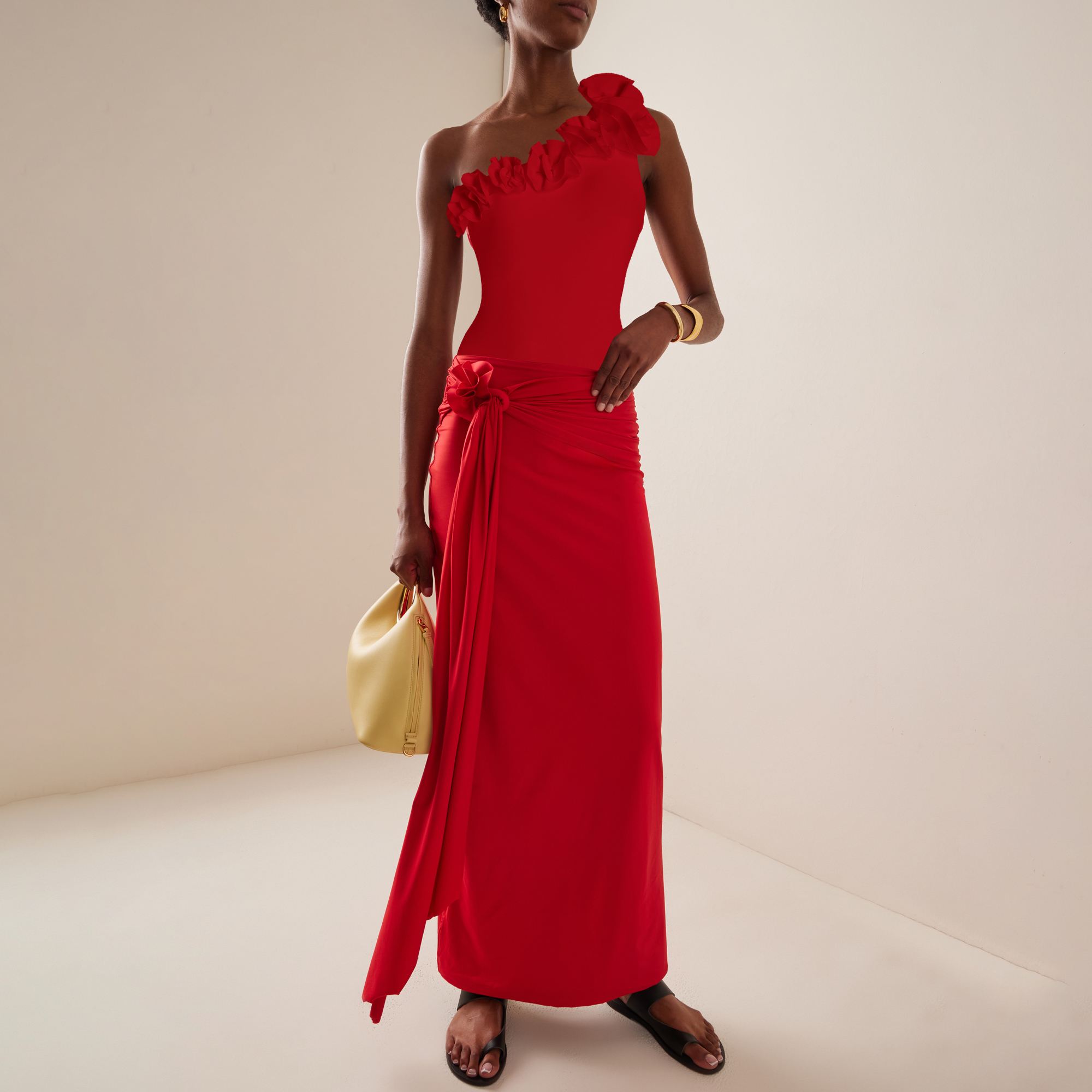 One Shoulder 3D Flower Red Solid Color One Piece Swimsuit and Skirt