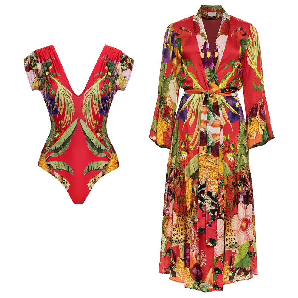 Red Leopard Printed One Piece Swimsuit and Cover up