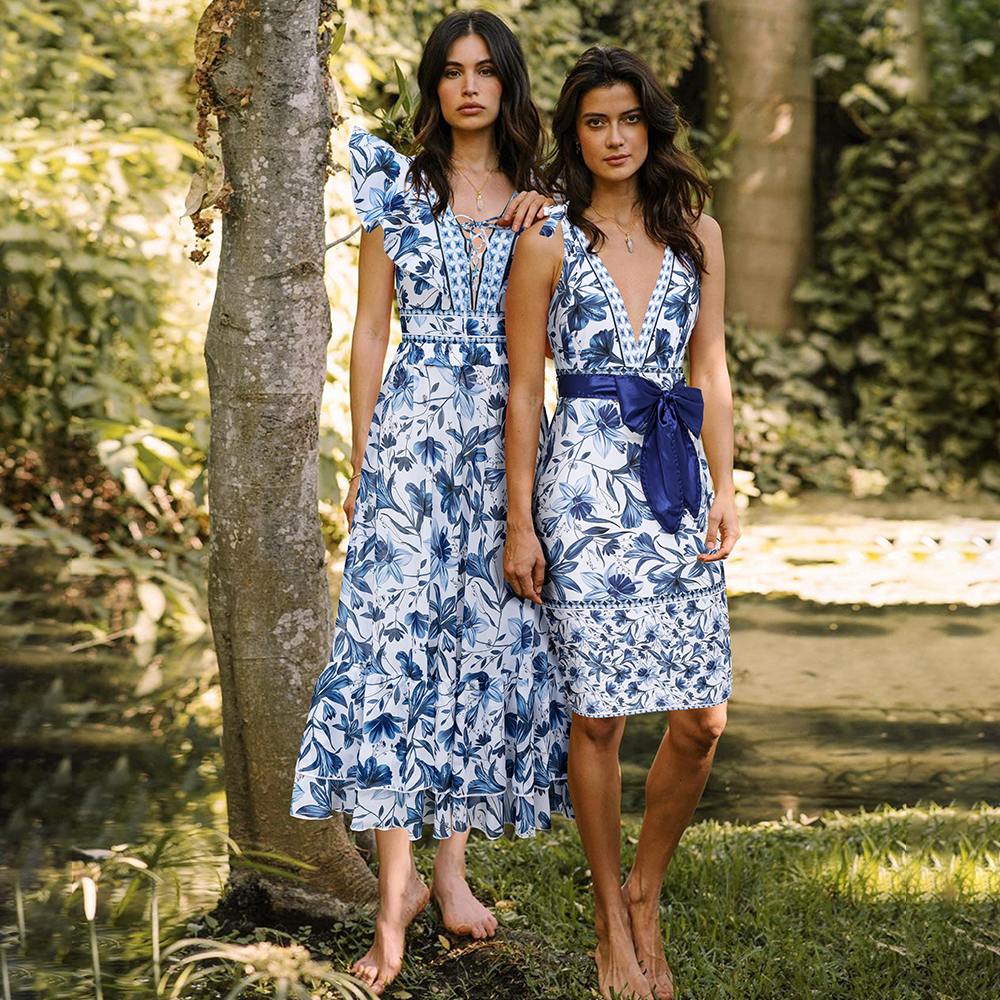 V Neck Ruffle Lace Up Printed One Piece Swimsuit and Skirt